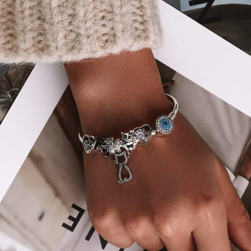 Miniatura 5 de BISAER Pulsera de plata de ley con cierre de dije para abalorios con piedras preciosas de zafiro, tapón de bloqueo de clip de ojo malvado
