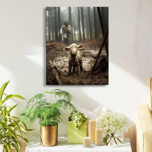 Miniatura 3 de Arte de pared en lona de Jesús y el Cordero Jesús corriendo tras el cordero perdido Imagen de pared Arte de impresión en lona Cristiano Cordero