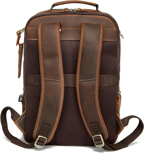 Miniatura 3 de LANNSYNE Mochila de cuero genuino vintage para hombres 15.6 pulgadas portátil bolsa de noche fin de semana camping mochila, Marrón, Mochilas