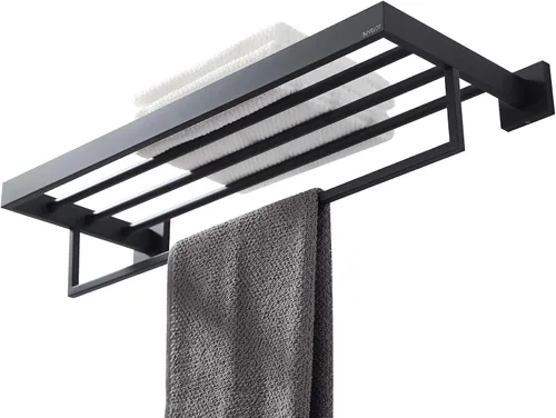 Miniatura 3 de Toallero, toallero para baño, toallero cuadrado moderno estilo hotel con estante, 24 pulgadas, negro mate, montado en la pared, sin montaje, serie