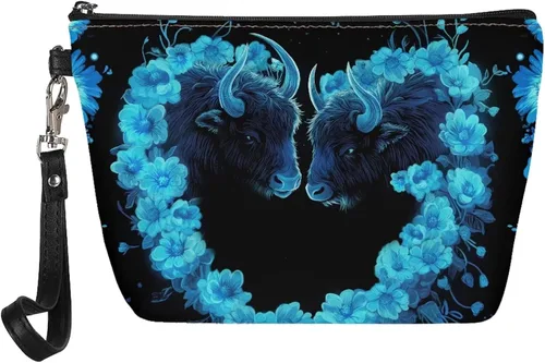 Miniatura 30 de Howilath Abstract Art Cat Cosmetic Pouch for Women PU Leather Toiletry Storage Bag Trapezoid Makeup Bags with Wrist Strap