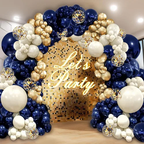 Miniatura 9 de Kit de arco de globos de color azul marino, plateado, doble relleno, blanco perla, azul real, azul oscuro, plateado, cromado, con globos de confeti
