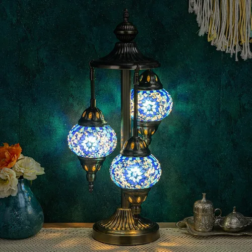 Miniatura 10 de Marrakech Lámpara turca de mesa marroquí de 3 globos con base de bronce, 23 pulgadas de alto, hecha a mano, colorido, mosaico Tiffany, lámpara