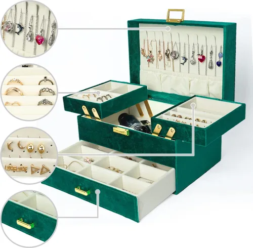 Miniatura 2 de Dajasan Jewelry Box for Women 3 Layers Large Velvet Jewelry Organizer Jewelry Storage Organizer Jewelry Case for Earring Ring Necklace Bracelets