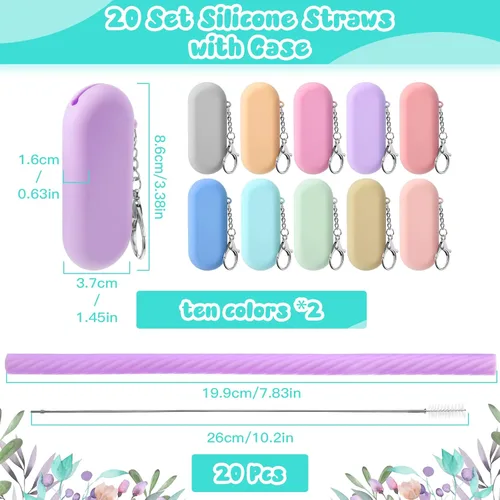 Miniatura 2 de Irenare Juego de 20 popotes de silicona con estuche, reutilizables, plegables, portátiles, de viaje, para beber en frío o caliente, con funda