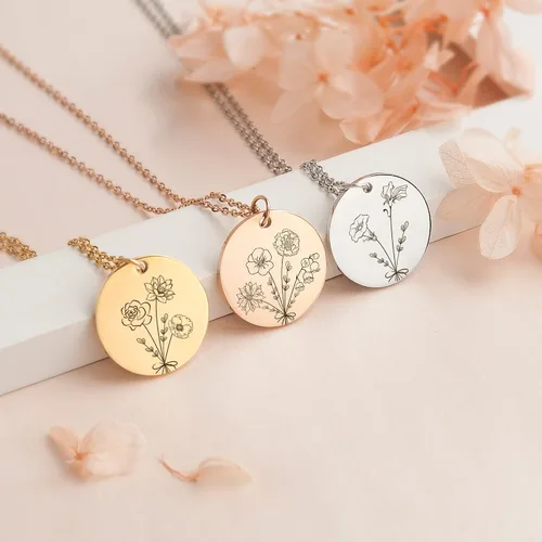 Miniatura 6 de Anavia -Build Your Own Bouquet- Birthmonth Flowers Necklace, Personalized Engraved Floral Coin Necklace, Customized Birthday Gifts Love Jewelry for