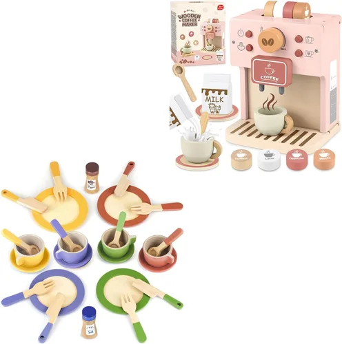Juguetes de café de madera, juego de simulación, platos y platos de madera para jugar, accesorios de cocina, juguetes