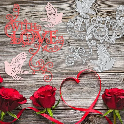 Miniatura 4 de Troqueles de metal con palabras de amor para hacer tarjetas, marco de encaje de flores, fondo de paloma, troqueles de corte para decoración
