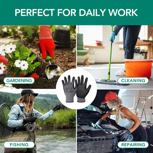 Miniatura 4 de Guantes de trabajo con revestimiento de poliuretano, 12 pares, guantes de jardín finos para hombres y mujeres, ideales para trabajo ligero
