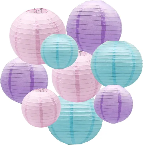Lámparas de papel para decoración de fiesta, lámparas colgantes redondas rosa, púrpura y azul para fiesta temática de sirena, cumpleaños de niñas,