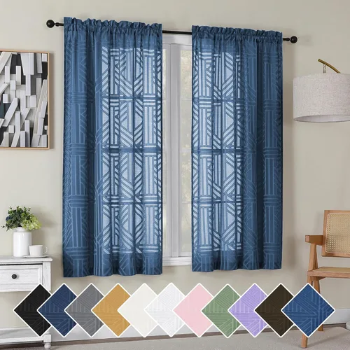 Miniatura 58 de Simplebrand Cortinas traslúcidas negras de cocina de 24 pulgadas de largo, 2 paneles, filtrado de luz, geométrico jacquard con textura, cortinas