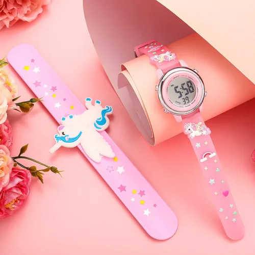 Miniatura 6 de 2 Pieces Kids Unicorn Watch Toddler Watch and Silicone Wristband Cute 3D Kids Digital Watch Waterproof 7 Color Lights Watch with Alarm Stopwatch