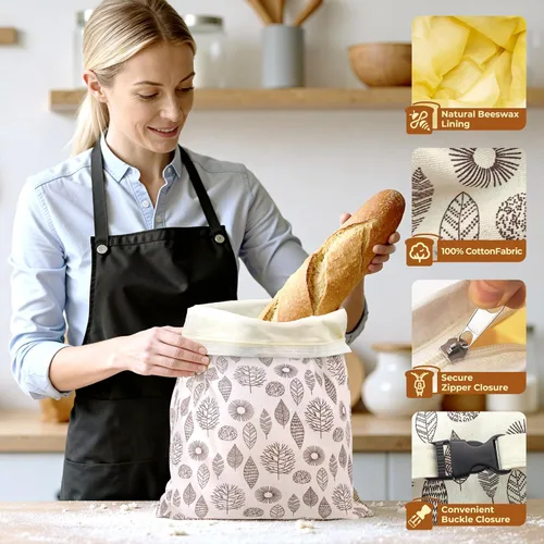 Miniatura 3 de OHIYO Bolsas de pan reutilizables de cera de abeja para congelador y refrigerador, 17 x 13 pulgadas, bolsas de almacenamiento de algodón con forro