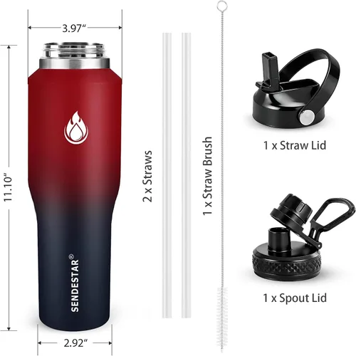 Miniatura 6 de SENDESTAR Botella de agua de 40 onzas de boca ancha de acero inoxidable aislada al vacío, doble pared con tapas de pajilla, cabe en cualquier Carbón