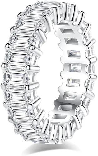 AnuClub Anillo de eternidad de moissanita, corte redondoesmeralda, 5 quilates, color D, creado en laboratorio, anillo de boda de plata de ley con