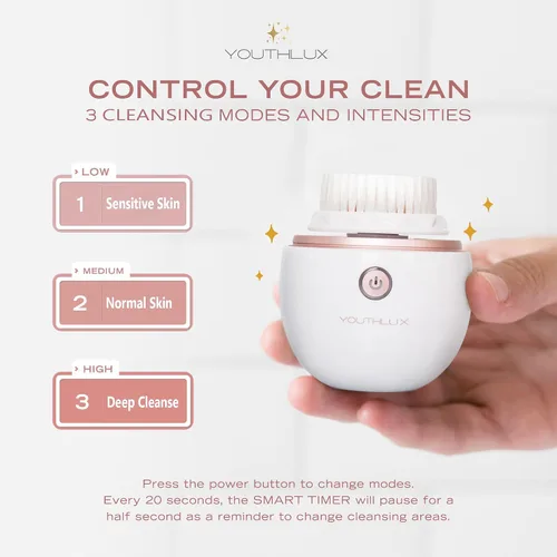 Miniatura 4 de YouthLab Pure Radiance, cepillo de limpieza facial vibratorio, eléctrico, 3 modos, 3 cabezales de cepillo (2 cerdas, 1 silicona), impermeable, Negro