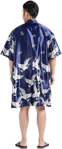 Miniatura 2 de HAORUN Abrigo kimono japonés para hombre, holgado, Yukata, albornoz largo, tops vintage, Azul marino satinado.