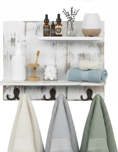 Miniatura 8 de MyGift Estante de baño flotante de madera blanca vintage de 5 ganchos montado en la pared y toallero