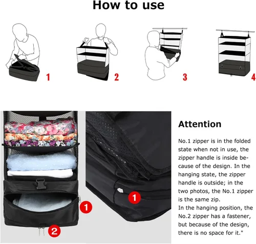 Miniatura 20 de TABITORA - Estantería portátil y plegable de gran capacidad con ganchos para colgar, ideal como almacenamiento para viajes