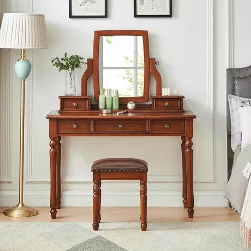 Miniatura 2 de 39.4in Vintage Vanity Desk with Adjustable Angle Mirror, Wooden Dressing Table Set for Bedroom with 5 Drawers, Cushioned Stool