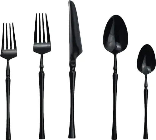 Miniatura 2 de Juego de cubiertos negros de 5 piezas de acero inoxidable 18/10 para 1, acabado espejo, ideal para bodas, festivales, fiestas, cocina en casa, apto