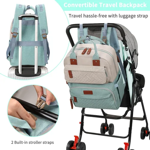 Miniatura 6 de Legestori Mochila para pañales, bolsa de pañales para bebé niña con bolsillos aislados y correas para cochecito, Verde, Grande, Casual