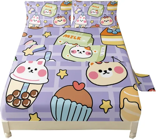 Miniatura 34 de QOOMO Sábanas Kawaii de Conejo para Niños Tamaño Twin, Juego de Sábanas de Cama Kawaii Bunny con Bolsillo Profundo de 16", Juego de Sábanas
