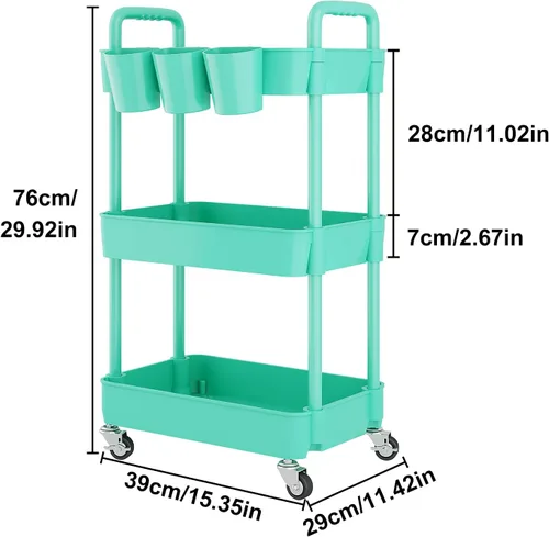 Miniatura 2 de UDEAR Carrito utilitario rodante de 3 niveles, estantes de almacenamiento multifuncionales con asa y ruedas con cerradura para habitación, oficina