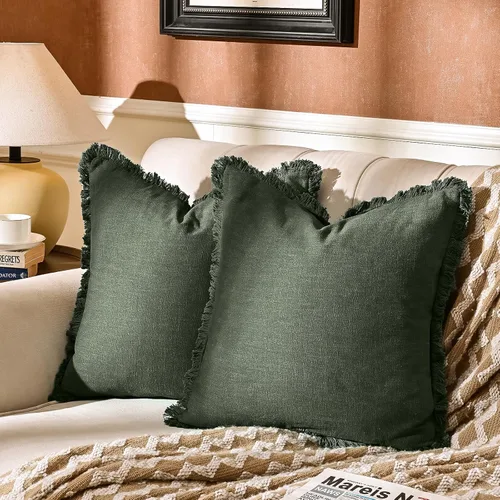 Miniatura 7 de AmHoo Paquete de 2 fundas de almohada de lino con borlas con flecos decorativas rústicas naturales para cojín de sofá, sofá, dormitorio 16 x 16 Beige