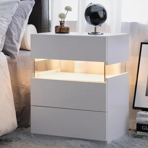 Miniatura 14 de Mesita de noche LED para dormitorio, moderna madera con 2 cajones, mesita de noche negra y dorada, mesa auxiliar con luz LED ajustable