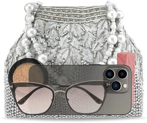 Miniatura 9 de Aheli Potli - Bolsas de noche para mujer, bolso de mano étnico para novia con cordón (P66S), plateado
