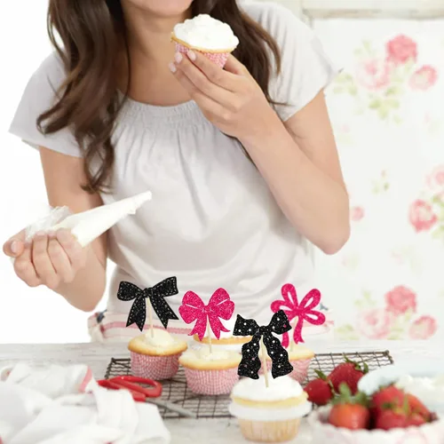 Miniatura 7 de Ephlyn 24 Piezas Adornos para Cupcakes con Lazo Rosa - Decoraciones de Cupcakes con Moño para Nupcial, Baby Shower, Fiesta Temática de Boda - Negro