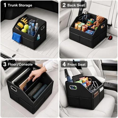 Miniatura 4 de Organizador de almacenamiento para automóvil – Contenedor compacto de cuero PU para maletero, asiento delantero, asiento trasero y piso del automóvil