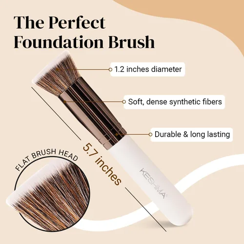 Miniatura 2 de Keshima Brocha de base plana Kabuki – Brocha de base prémium para maquillaje líquido, crema y polvo, pulido, mezcla y cara (tamaño regular, blanco)