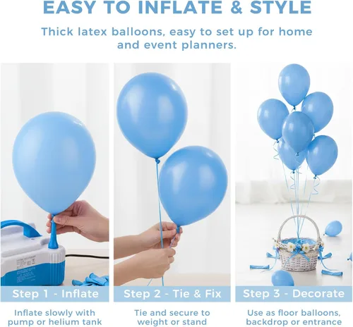 Miniatura 6 de LovesTown 110 globos de látex de 12 pulgadas con cinta para decoración de cumpleaños, baby shower, boda, fiesta, color azul (paquete de 2)