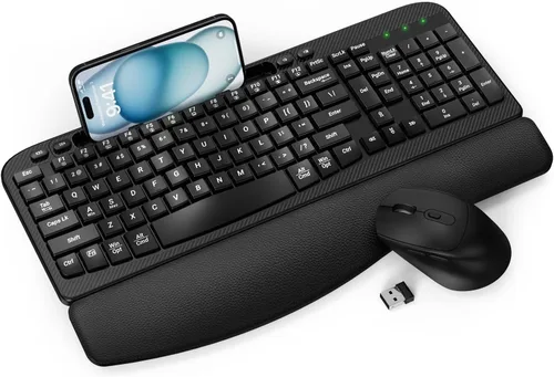 Miniatura 10 de Combo de teclado y mouse inalámbrico, teclado ergonómico de tamaño completo con teclas de onda, reposa muñeca acolchado, soporte para teléfono