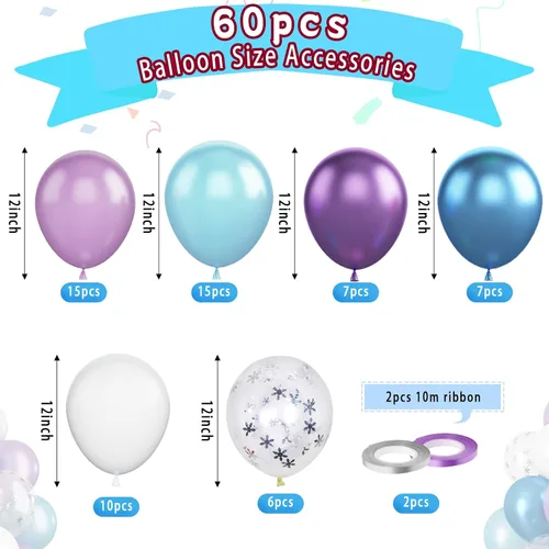 Miniatura 2 de Paready Globos de Frozen, 60 Piezas Globos de 12 Pulgadas Morado Azul Blancos y de Confeti de Nieve de Látex para Niñas Suministros de Fiesta Morado