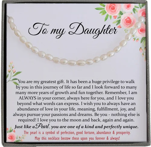 Miniatura 10 de Collar de hija relleno de oro de mamá o papá, collar clásico de perlas blancas con mensaje significativo, listo para regalar