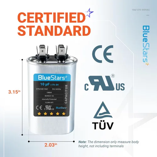 Miniatura 2 de [Listado UL] BlueStars 10 uF ± 5% MFD 370/440V CBB65 CBB65A Pieza de Repuesto de Capacitor de Arranque y Funcionamiento Ovalado - Capacitores