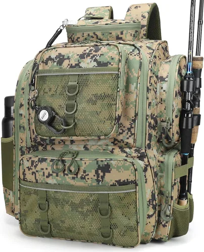 Miniatura 10 de WANOON - Mochila para pesca, bolsa de pesca con soportes para cañas. Mochila de aparejos grande con materiales resistentes Negro
