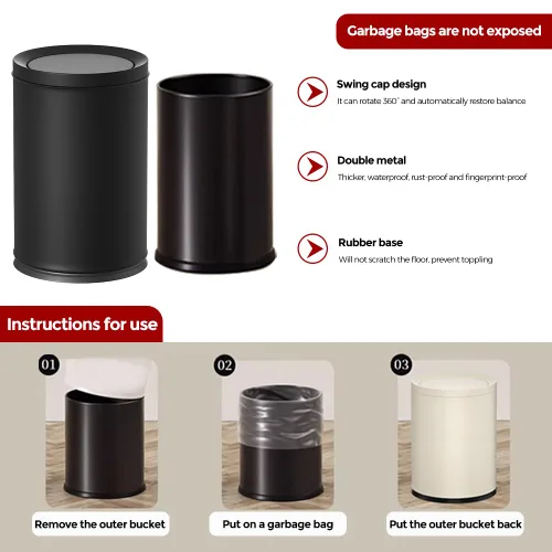 Miniatura 6 de Bote de basura negro de 2.4 galones con tapa, tapa oscilante, cubo doble, papelera pequeña, cubo de basura moderno para baño, dormitorio, oficina