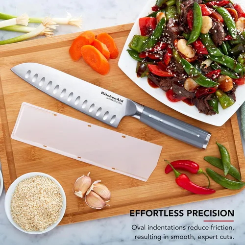 Miniatura 2 de KitchenAid Cuchillo Santoku forjado gourmet con cubierta de hoja de ajuste personalizado, cuchillo de cocina afilado, hoja de acero inoxidable Gris