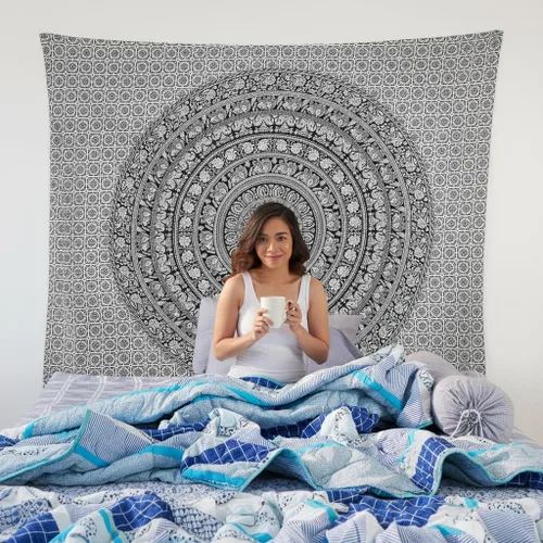 Miniatura 22 de Craft Trade - Tapiz de algodón indio con mandala para pared, decoración estética boho hippie para sala de estar, meditación y dormitorio - Amarillo