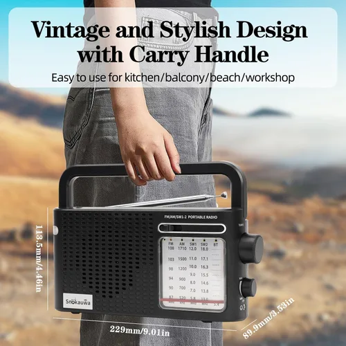 Miniatura 7 de Radio meteorológica portátil AM FM SW, enchufe de pared y alimentada por batería, radio transistor con Bluetooth, altavoz grande, dial grande, modo