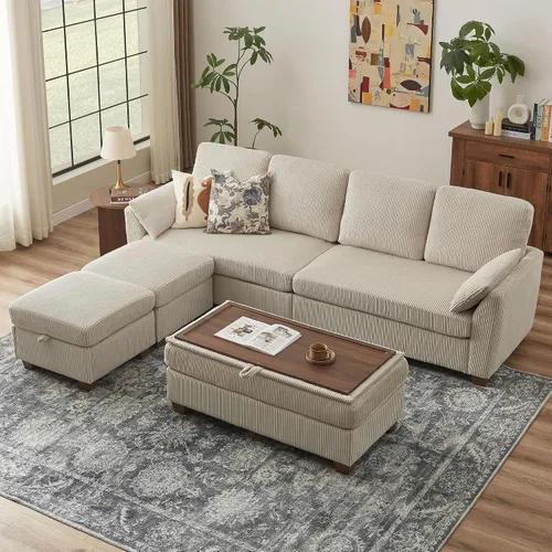 Miniatura 7 de Sofá en forma de U de 102.3 pulgadas con 2 otomanas móviles y 1 mesa auxiliar, se convierte en sofá cama, incluye 2 almohadas para reposabrazos