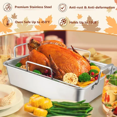 Miniatura 3 de LIANYU Sartén para asar pavo de 14 pulgadas, con 2 estantes, de acero inoxidable resistente, para lasaña profunda, para pavo, pollo, lavavajillas