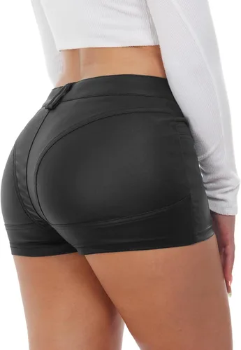 Miniatura 6 de RAMISU Pantalones cortos de mezclilla ajustados y elásticos para mujer, con aspecto de cuero, con bolsillos