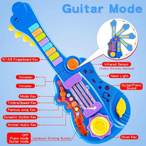Miniatura 4 de Guitarra de dinosaurio para niños, instrumentos musicales 2 en 1, para regalos de niños y niñas de 3, 4 y 5 años, guitarra eléctrica para niños