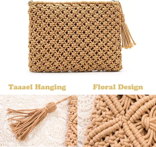 Miniatura 4 de Magibag Bolso de mano con borla de ganchillo, bolsa de mano de algodón, macramé, bolso de mano tejido a mano, bolso de pulsera con cremallera