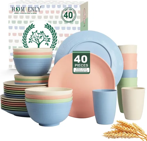 Miniatura 23 de Homienly Juegos de Vajilla Premium de Paja de Trigo, Platos y Tazones Ligeros e Irrompibles, Tazas, Servicio para 4, Apto para Lavavajillas